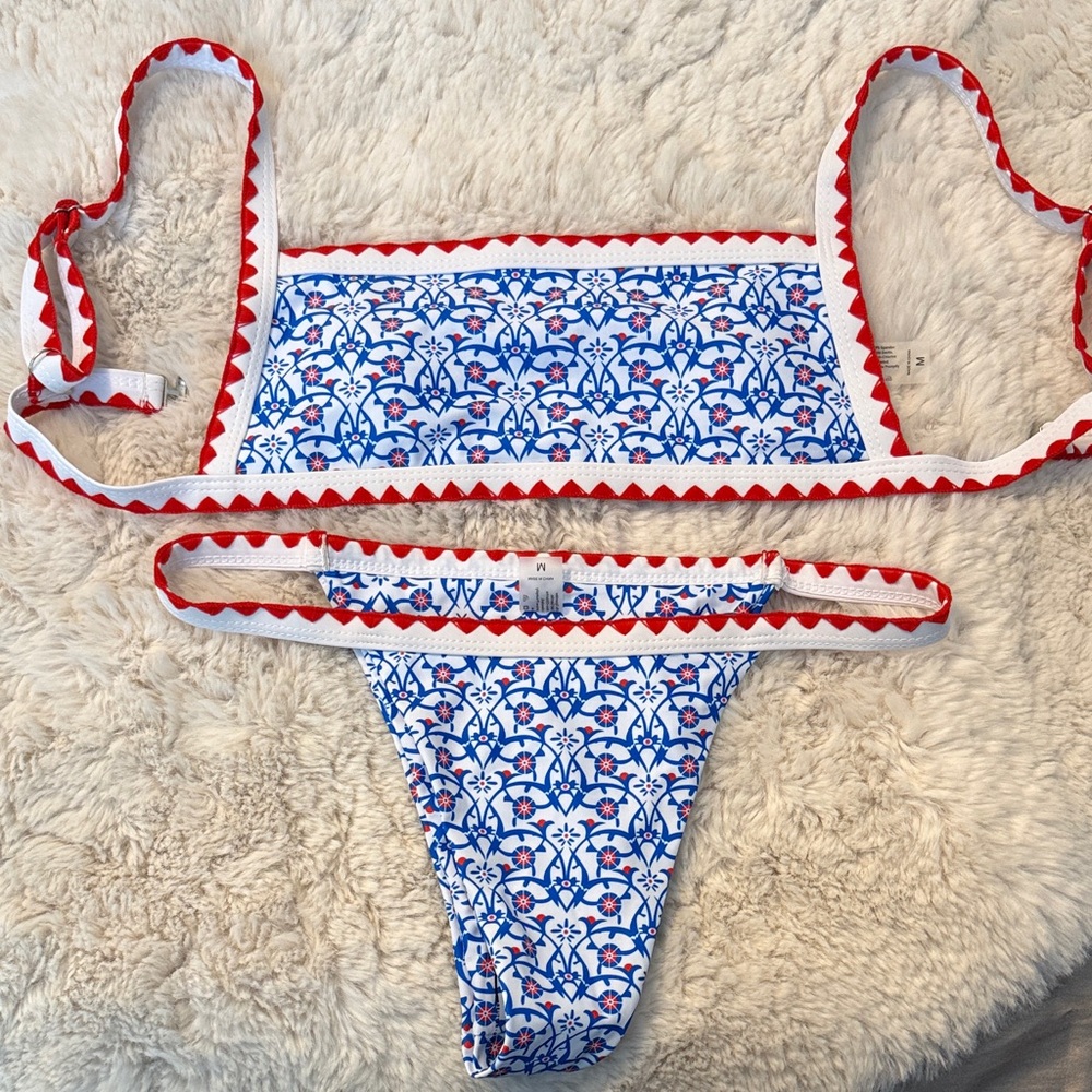 Blue and Red Patterned Bikini Set